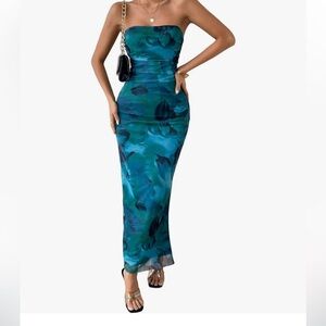 Milumia Women's Printed Strapless Tube Top Long Dress Slit Hem Bodycon Maxi